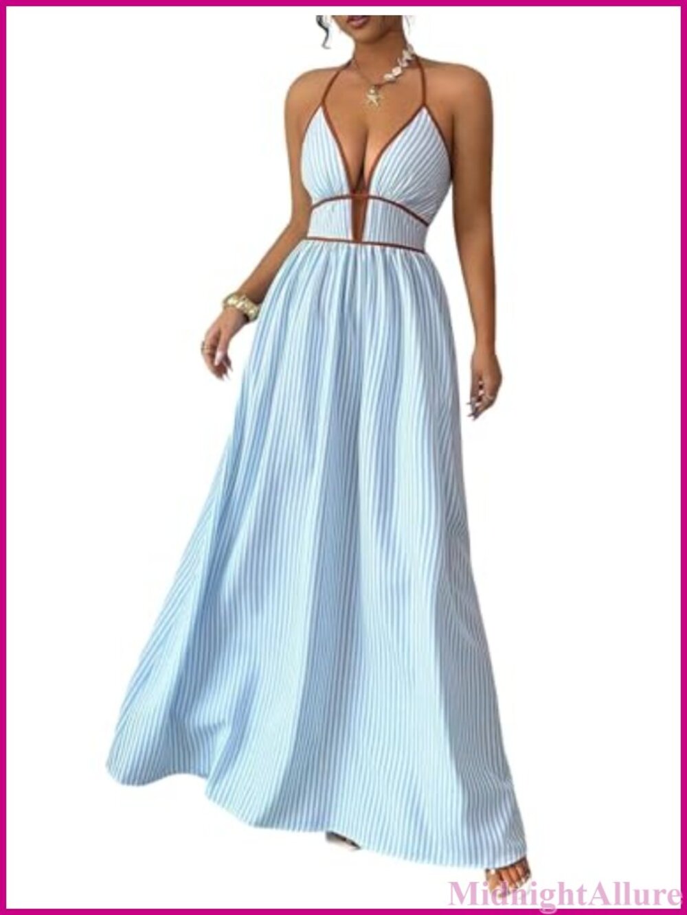 Sleeveless Striped Smocked Halter V Neck A Line Maxi Dress